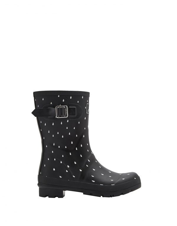 Joules Rain Drops Print Mid Height Wellington Boots, Black-3042