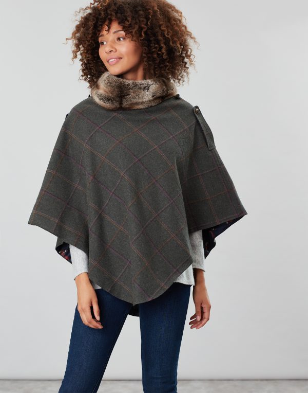 Joules Hazelwood Dark Green Check Tweed Poncho with Faux Fur Collar-0