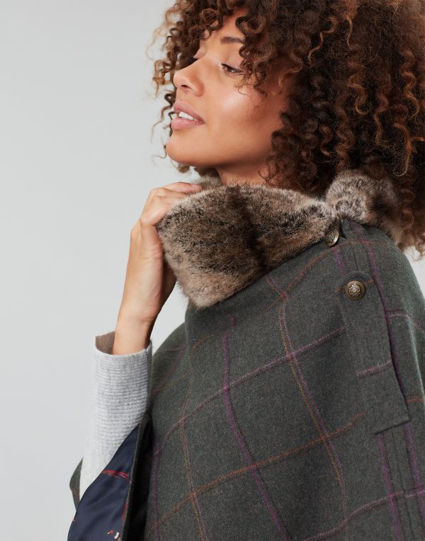 Joules Hazelwood Dark Green Check Tweed Poncho with Faux Fur Collar-3710