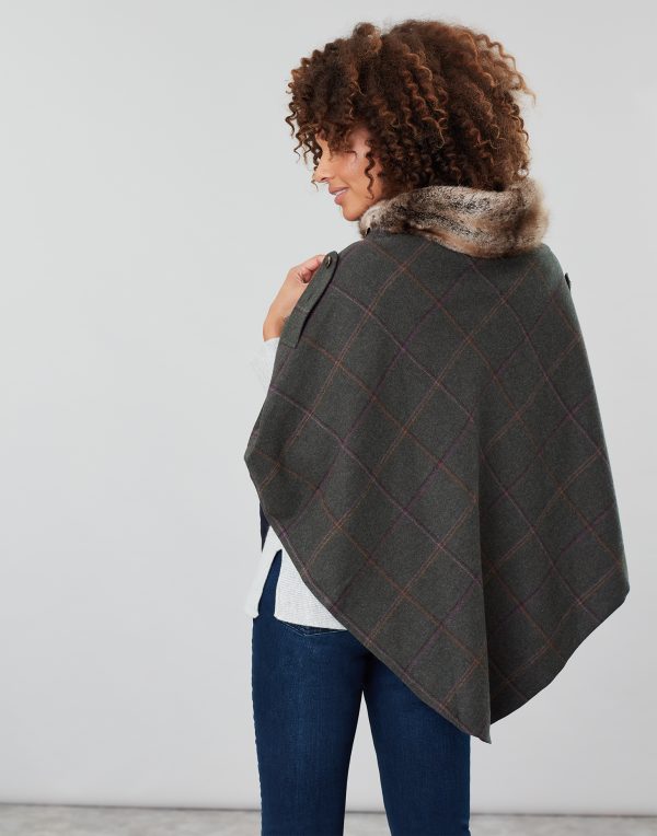 Joules Hazelwood Dark Green Check Tweed Poncho with Faux Fur Collar-3708