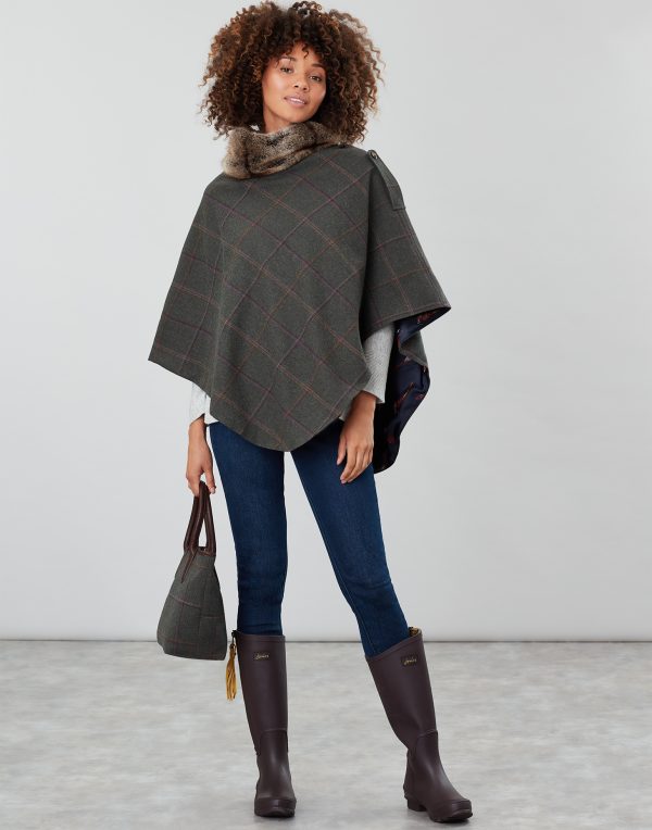 Joules Hazelwood Dark Green Check Tweed Poncho with Faux Fur Collar-3709