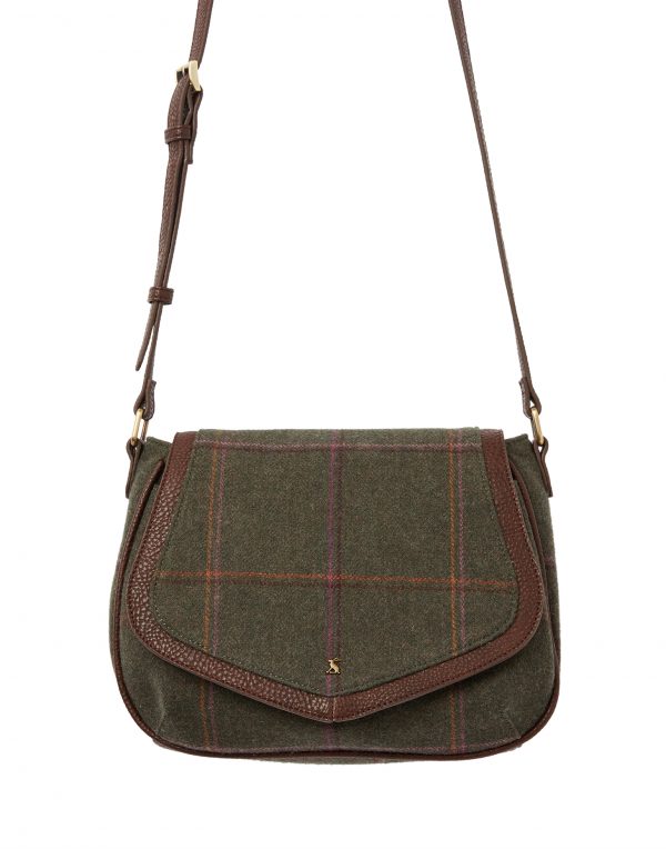 Joules Avebury Dark Green Grid Tweed Saddle Cross Body Bag, Handbag-0