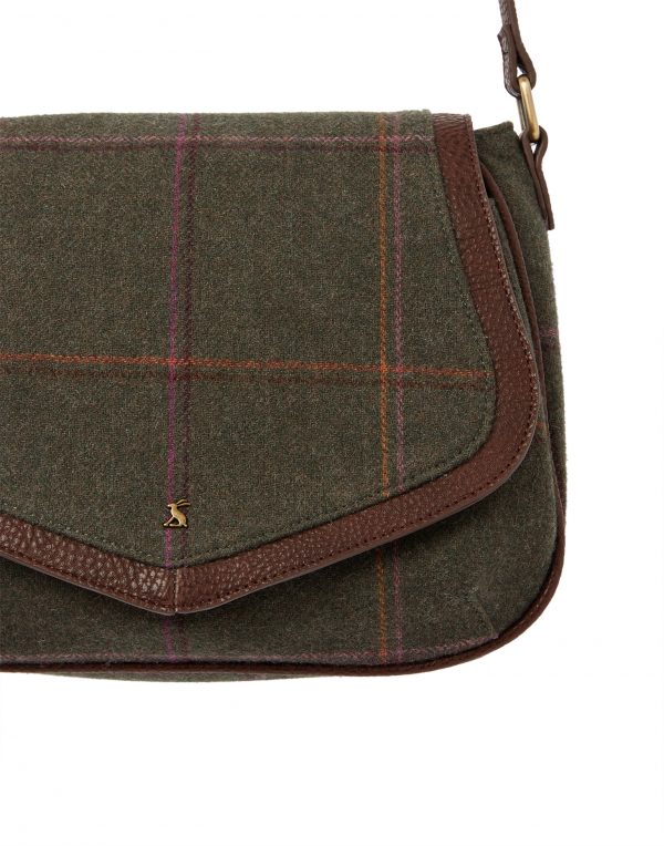 Joules Avebury Dark Green Grid Tweed Saddle Cross Body Bag, Handbag-3768