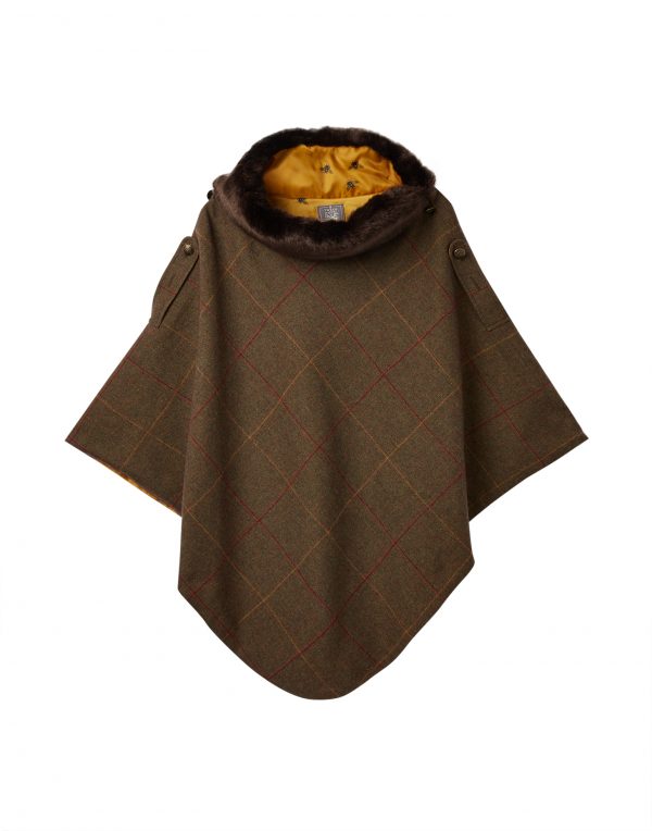 Joules Hazelwood Brown Check Tweed Poncho With Faux Fur Collar-3751