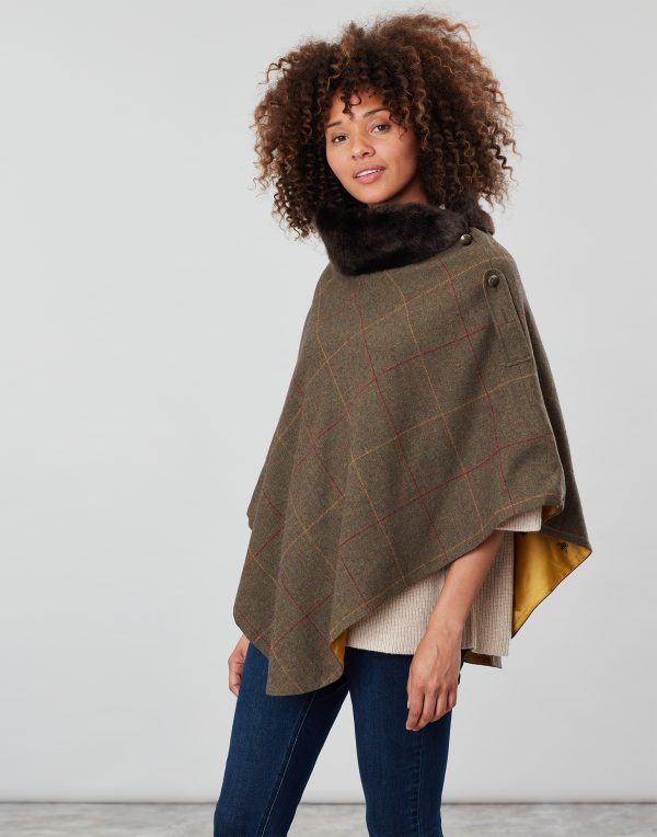 Joules Hazelwood Brown Check Tweed Poncho With Faux Fur Collar-0