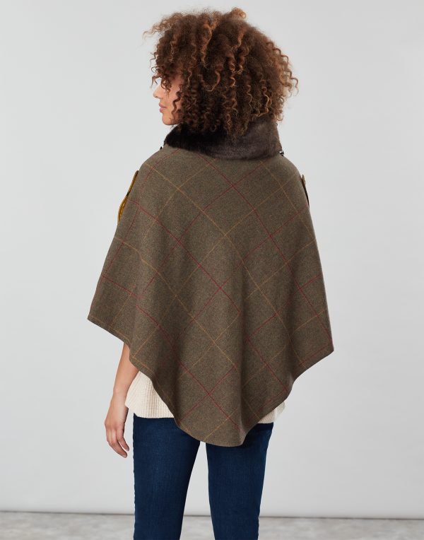 Joules Hazelwood Brown Check Tweed Poncho With Faux Fur Collar-3752