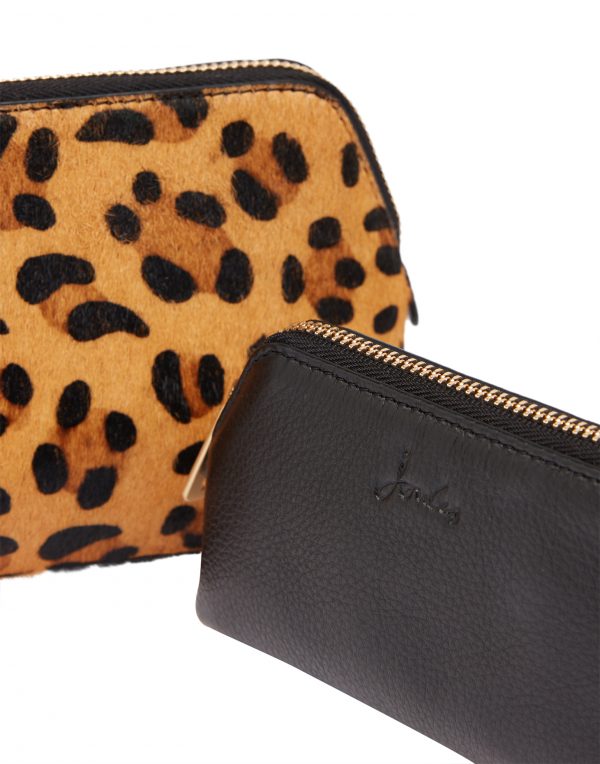 Joules Peplow Leather Two Pack Cosmetic Purses, Black and Leopard Print - Image 2