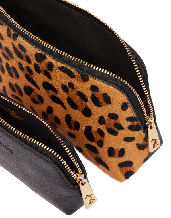 Joules Peplow Leather Two Pack Cosmetic Purses, Black and Leopard Print - Image 4