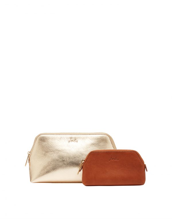 Joules Peplow Leather Two Pack Cosmetic Purses, Gold and Tan - Image 4