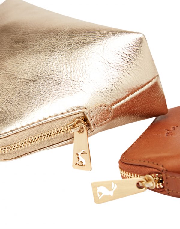 Joules Peplow Leather Two Pack Cosmetic Purses, Gold and Tan - Image 2