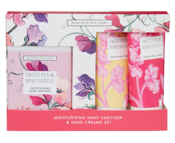 heathcote and ivory sweet pea hand sanitiser and hand creams set